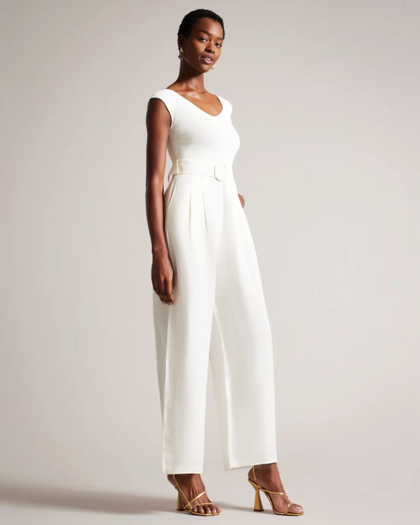 White civil wedding suit: wide-leg pants and tight-fitting top by Ted Baker