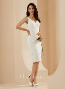 V-neck knee-length lace sheath wedding dress