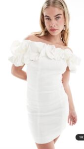 Short wedding dress with ruffles and bare shoulders